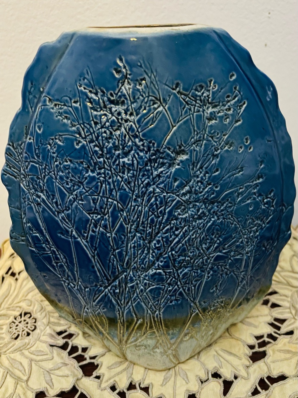 Vintage Tenmoku handcrafted ceramic vase-textured-labeled-stamped-raised tree